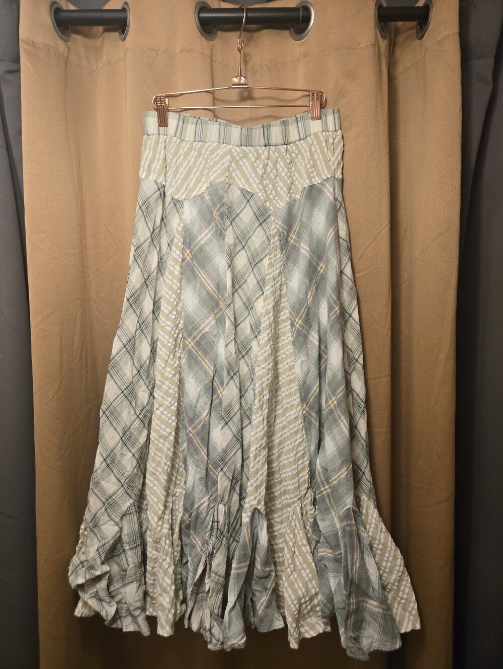 Three Bird Nest Light Sage Plaid & Stripe Patchwork Maxi Skirt Medium